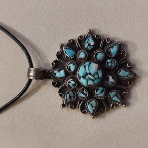 Tibetan Silver Turquoise Chip Pendant On Black Cord